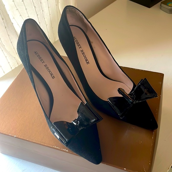 Audrey Brooke Shoes - Audrey Brooke black suede heels with patent bow.